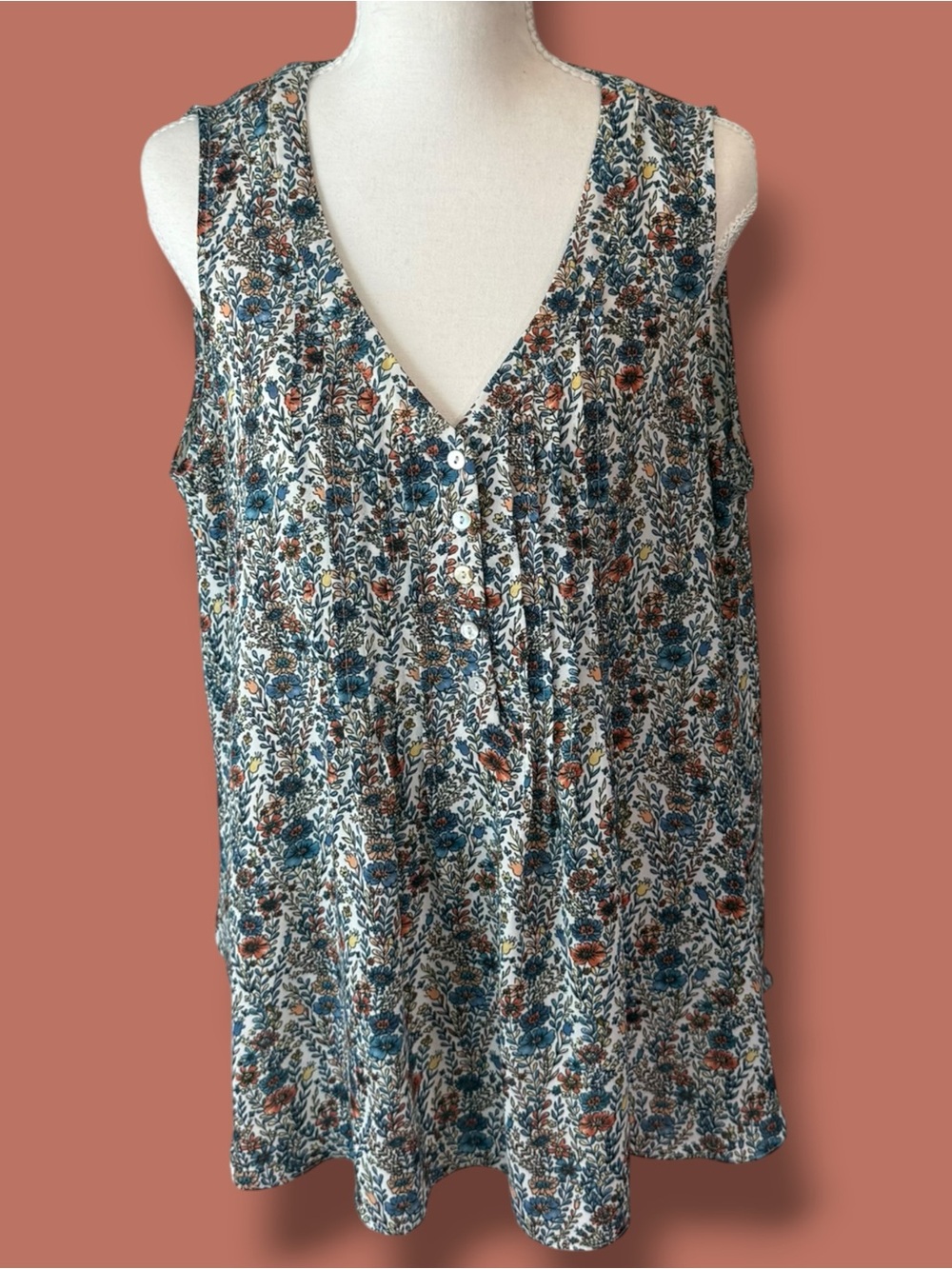 Floral V-Neck Button Tank Top - Blue Multi